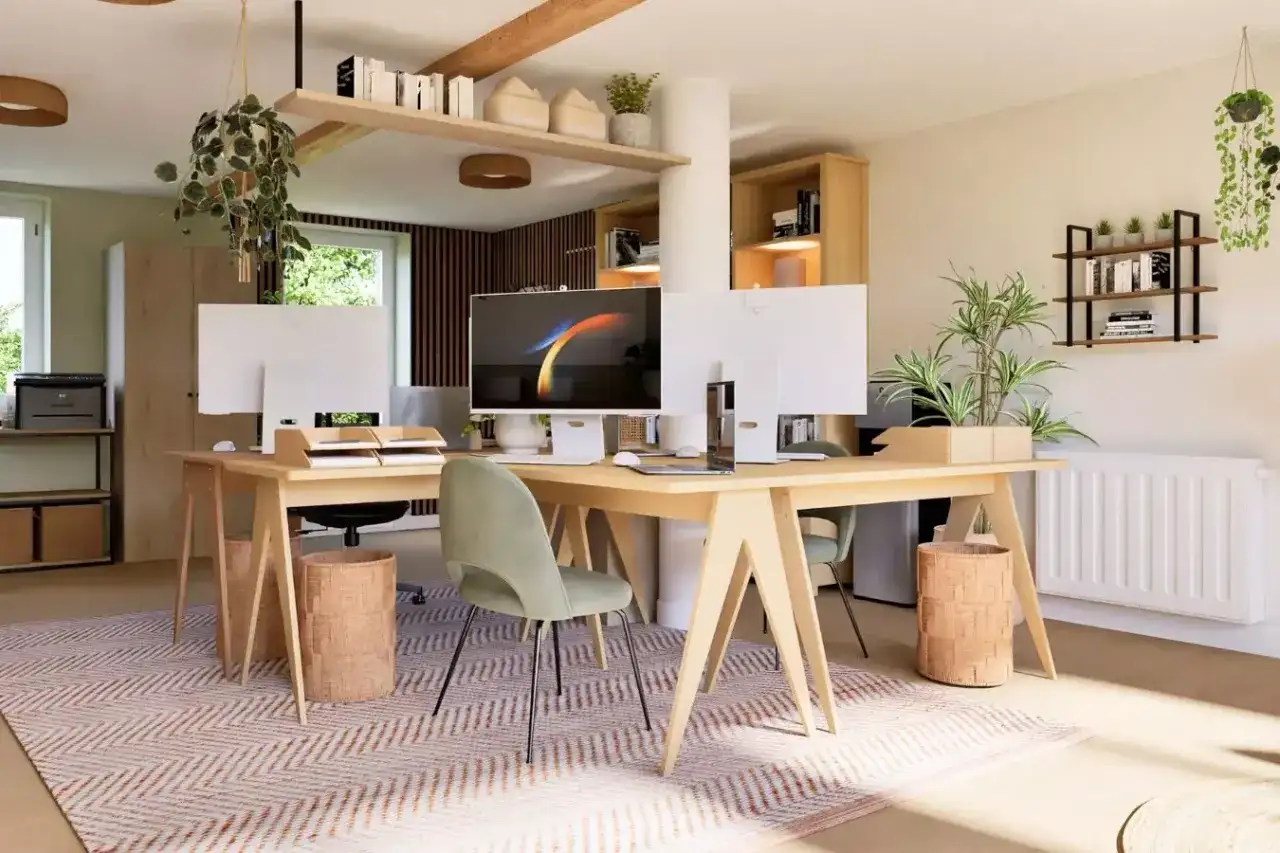 Bureau lumineux et aéré avec deux postes de travail, plantes vertes et étagères. Un espace ouvert idéal pour la productivité.
