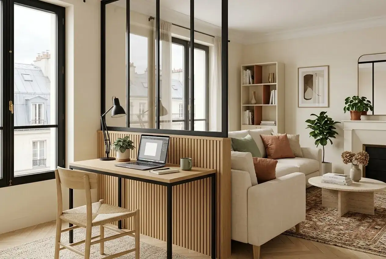 Un coin bureau dans le salon, avec un bureau en bois, un ordinateur portable et une chaise. Le salon est meublé d'un canapé, d'une table basse et d'une cheminée.