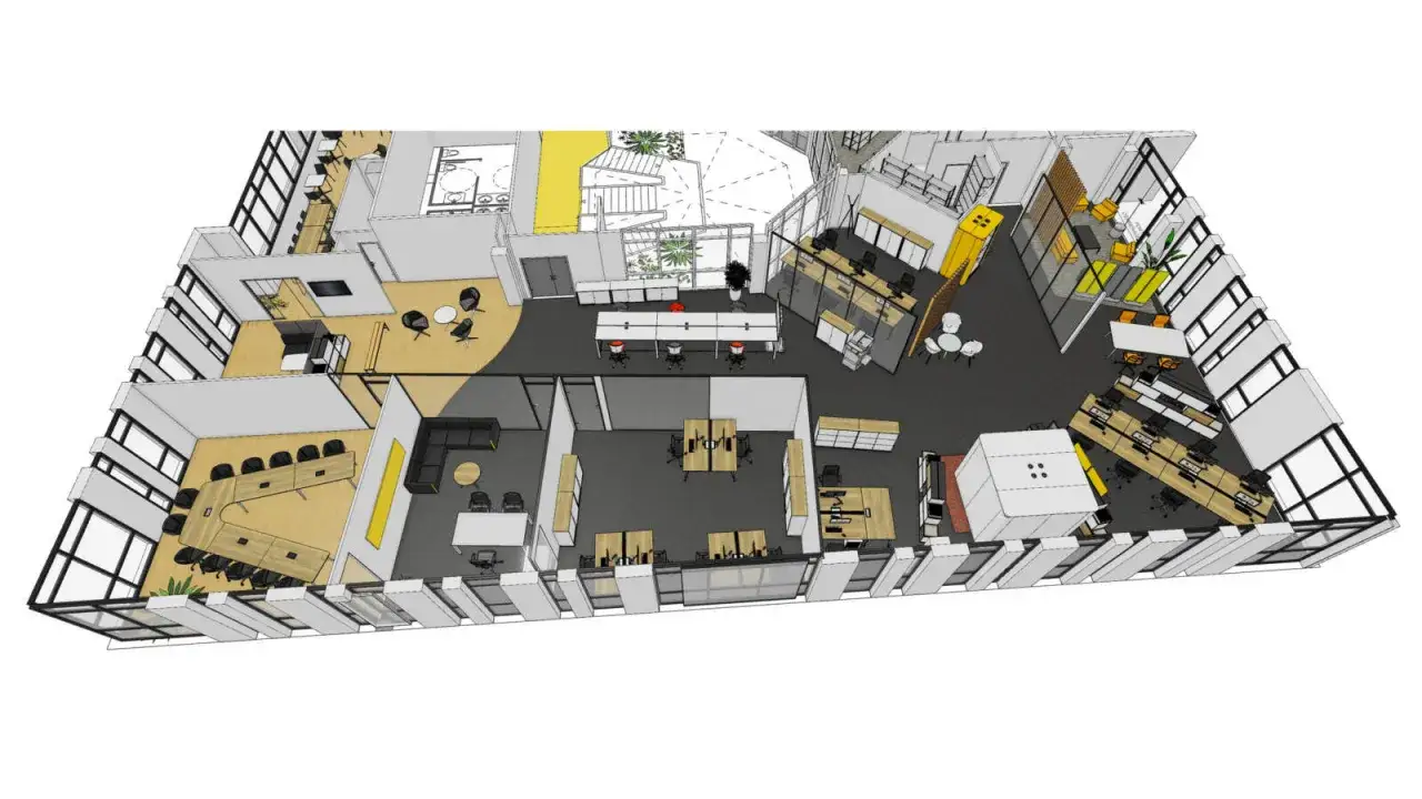 Plan bureau administratif moderne avec espaces de travail ouverts, salles de r&eacute;union, coin cuisine et zones de d&eacute;tente.