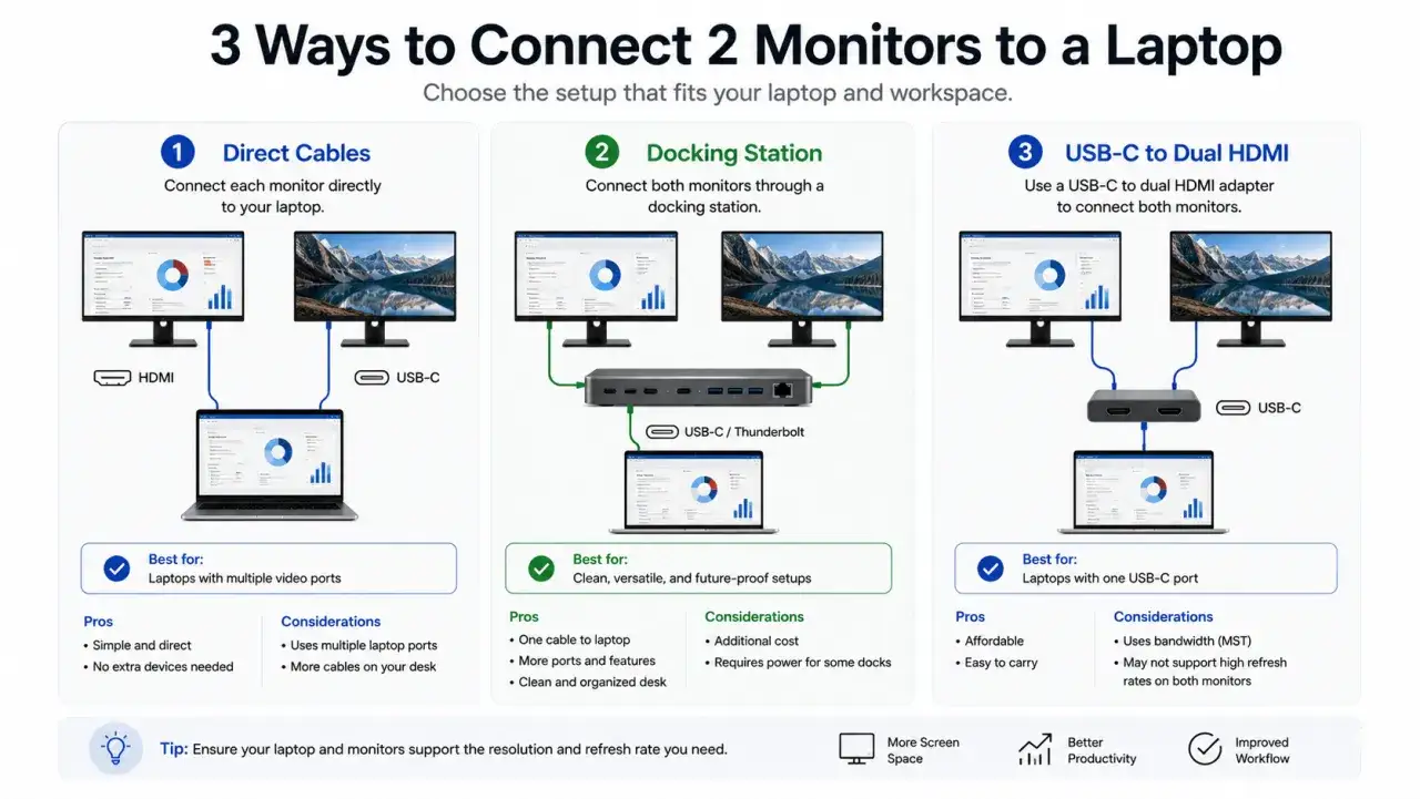 Trois m&eacute;thodes pour connecter deux &eacute;crans &agrave; un PC portable : c&acirc;bles directs, station d'accueil ou adaptateur USB-C vers HDMI. Id&eacute;al pour utiliser un PC portable comme &eacute;cran.