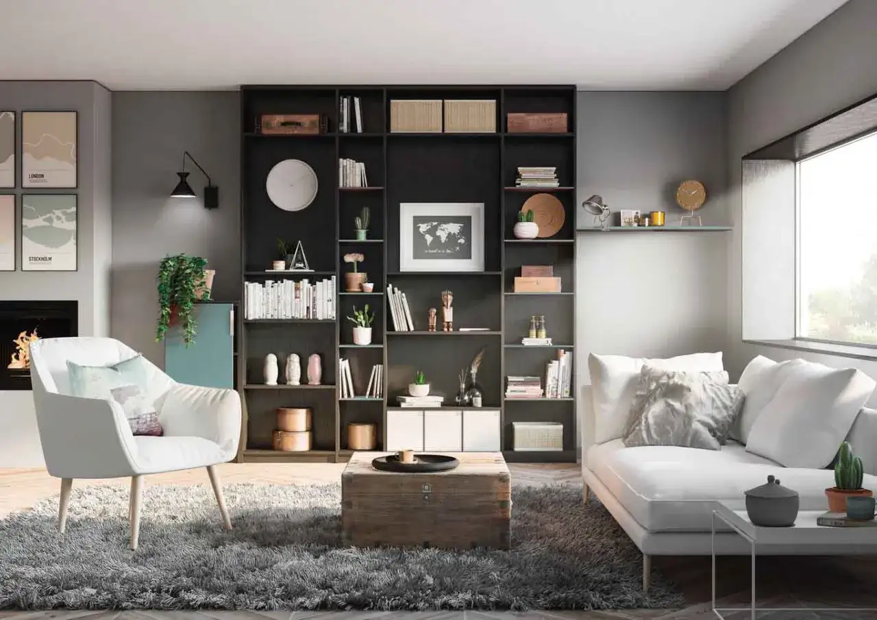 Un coin salon cosy avec une bibliothèque remplie de livres et d'objets déco. Idéal pour savoir que mettre dans un coin de salon.