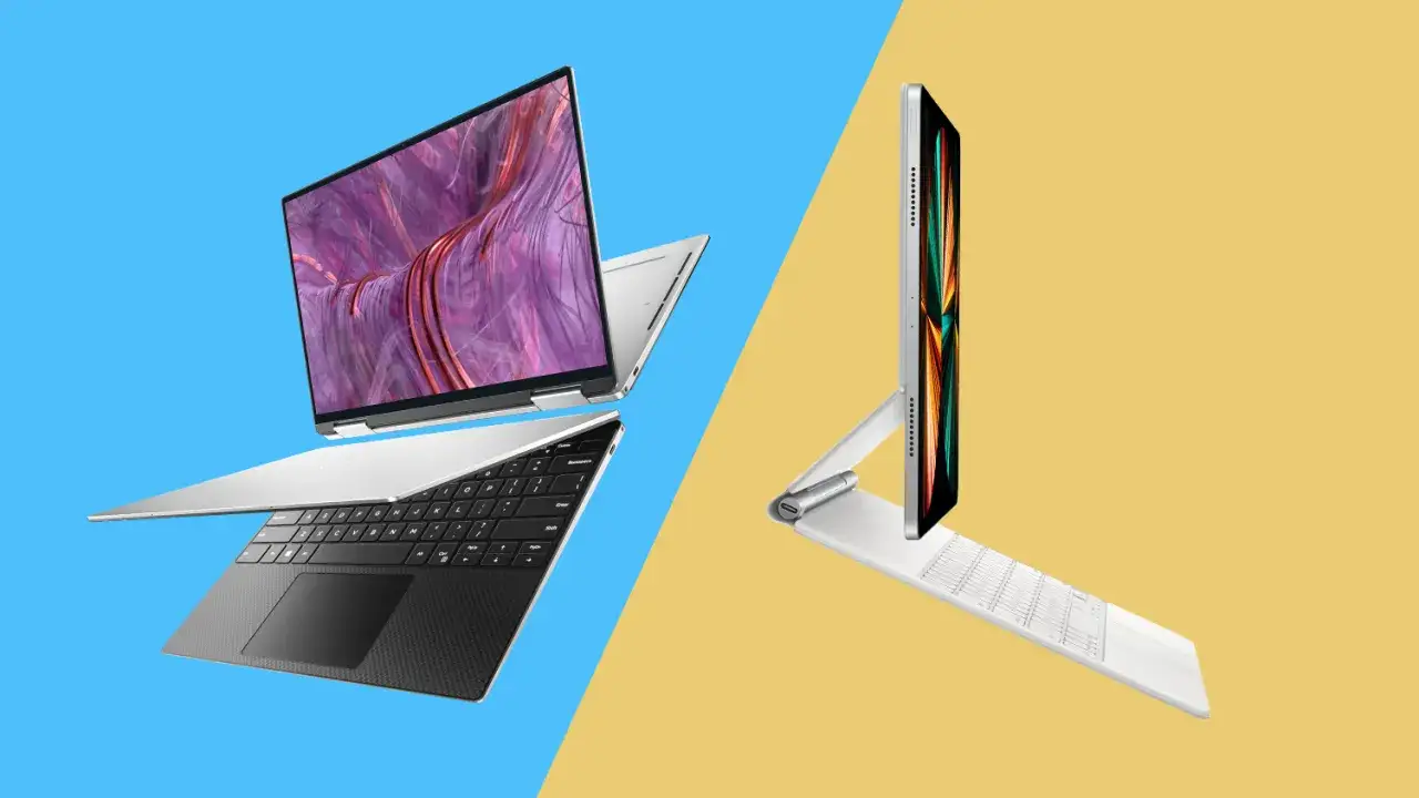 Ordinateur portable ouvert et tablette avec clavier. La diff&eacute;rence entre tablette et ordinateur portable est claire : l'un a un clavier int&eacute;gr&eacute;, l'autre s'y connecte.