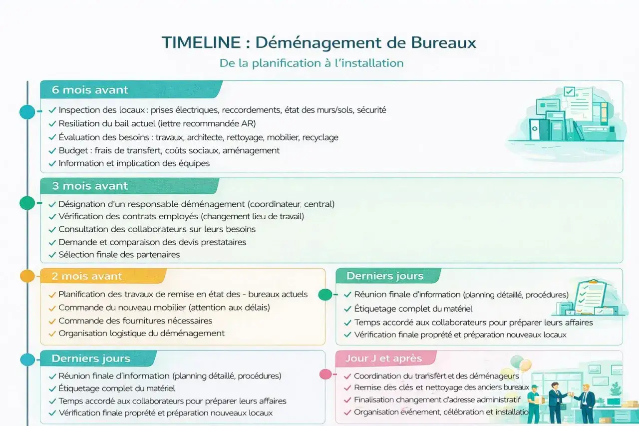 Chronologie d'un d&eacute;m&eacute;nagement de bureau : de la planification &agrave; l'installation, avec les &eacute;tapes cl&eacute;s.