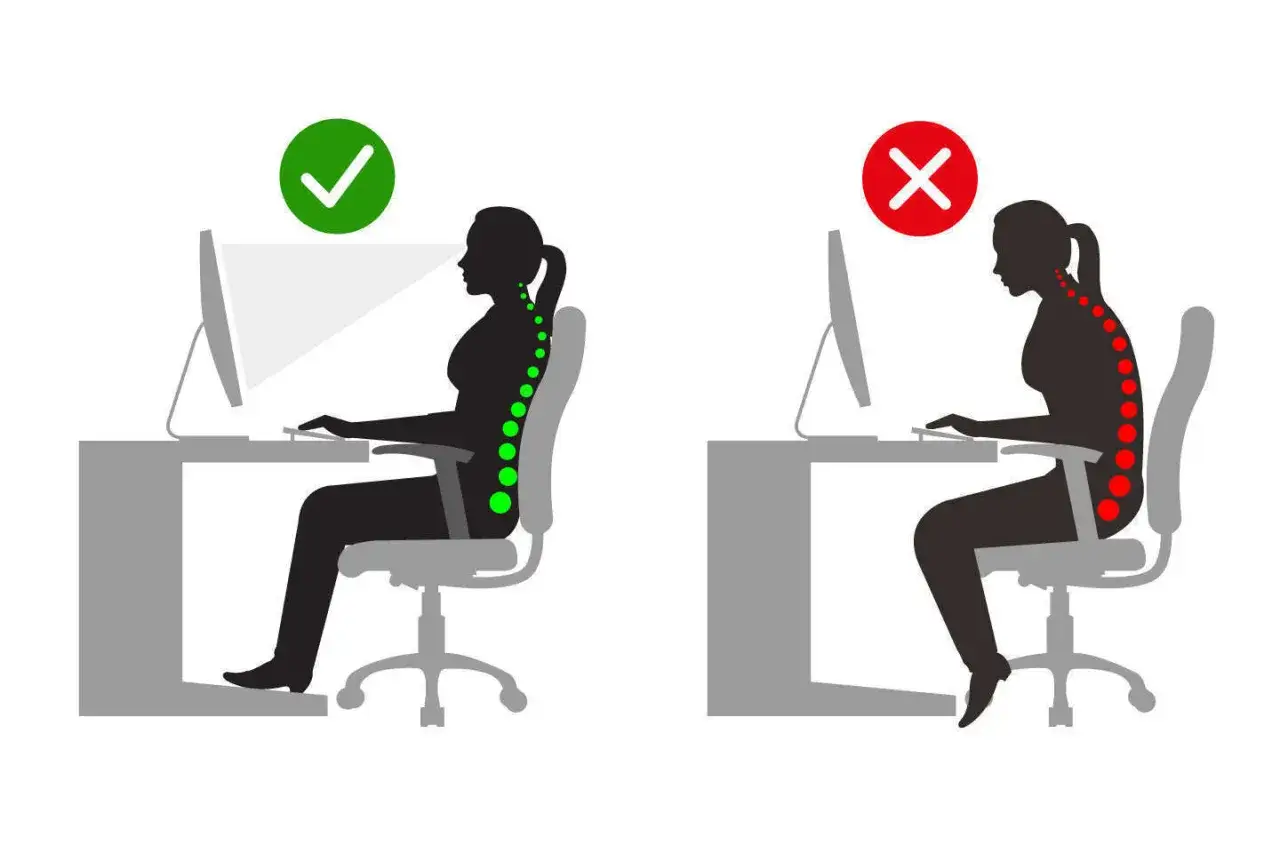 Bonne posture assise à l'ordinateur (verte) vs. mauvaise posture ordinateur (rouge). Évitez le mal de dos.