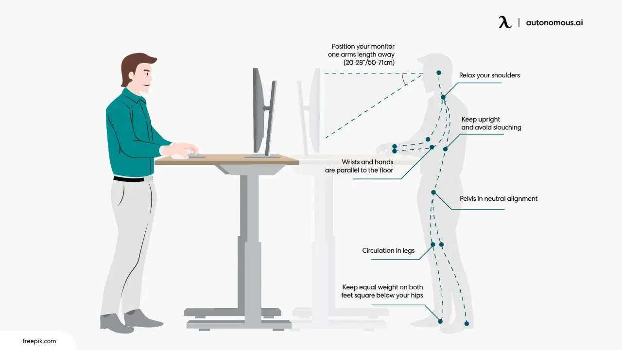 Conseils pour savoir combien de temps rester debout par jour : posture, alignement du corps, circulation et position du moniteur pour un travail sain.