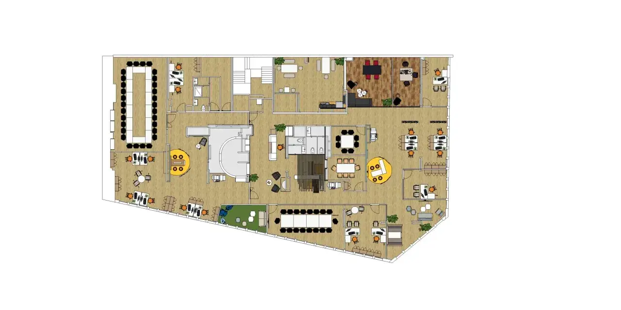 Plan d'un bureau moderne avec espaces de travail, salles de réunion, zone d'accueil et coin détente. Ce planning d'aménagement optimise l'espace.