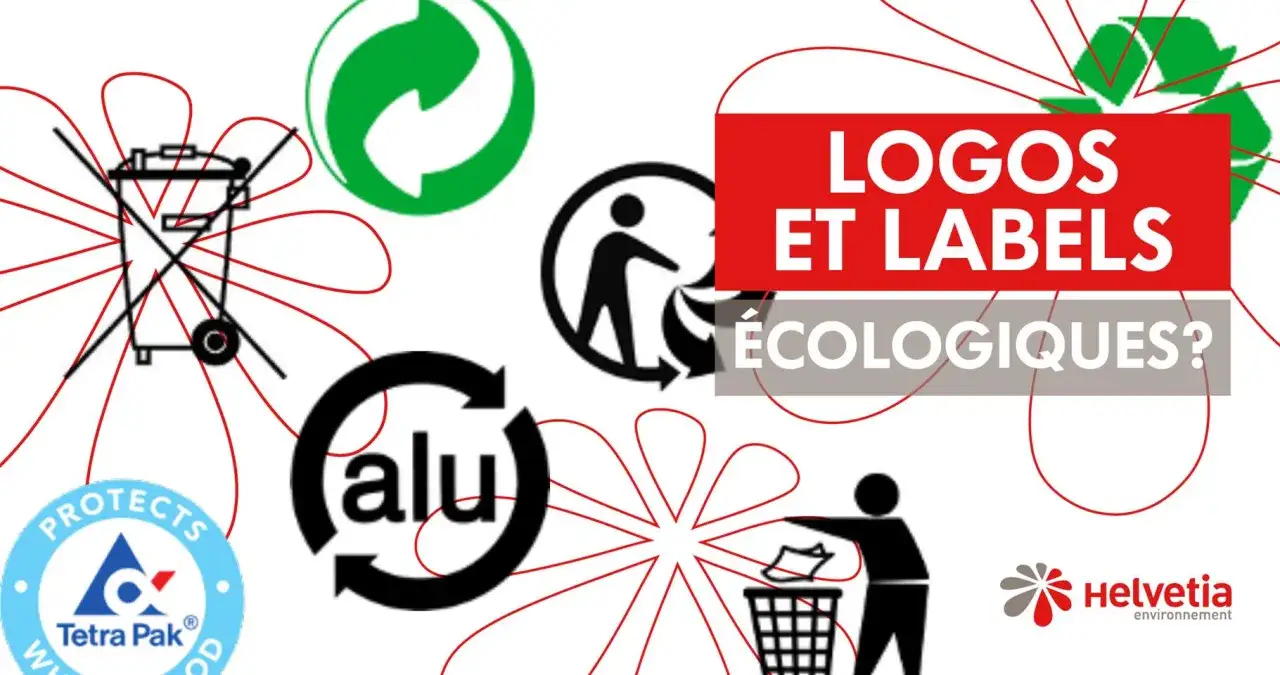 Logos et labels écologiques, symbolisant le tri et les produits recyclés. Le logo Tetra Pak et d'autres icônes de recyclage sont présents.