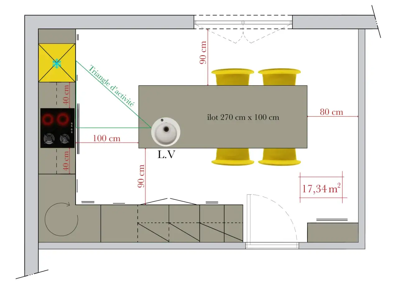 Plan d'une cuisine avec îlot central, évier, plaques de cuisson et réfrigérateur. L'espace autour de la table de salle à manger est optimisé.