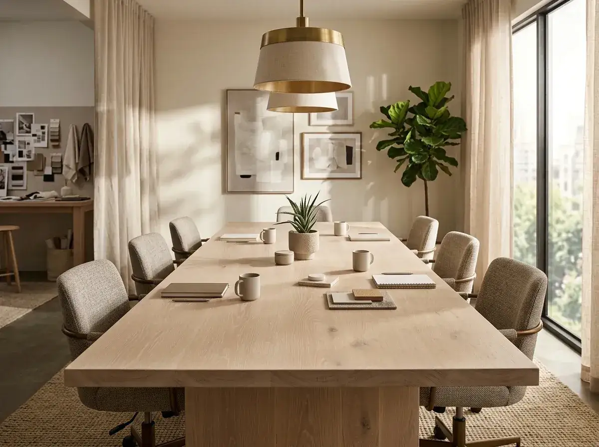 Salle de réunion moderne avec table en bois clair, chaises confortables et plantes vertes. La décoration salle de reunion est épurée et lumineuse.