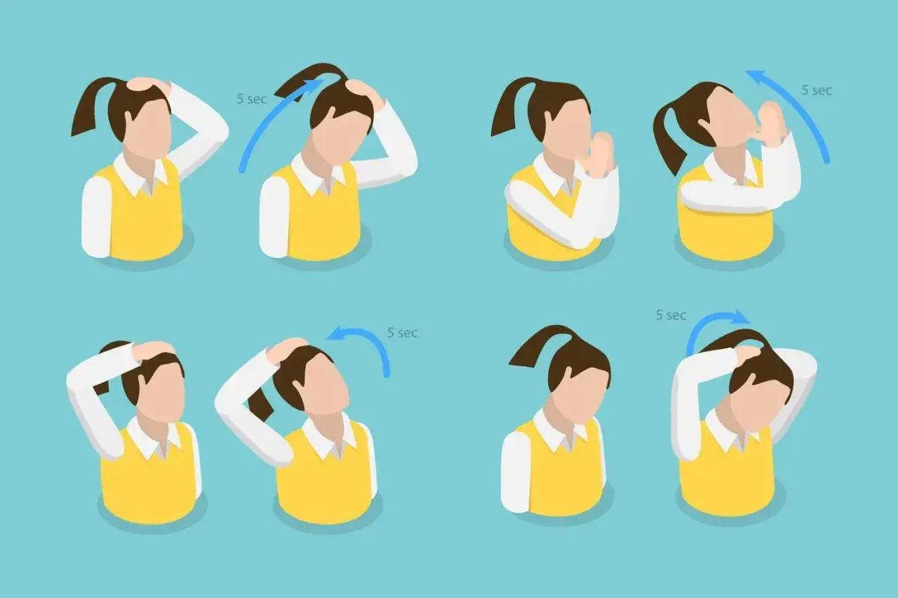S&eacute;rie d'exercices pour l'&eacute;chauffement cervicales : inclinaisons et rotations douces de la t&ecirc;te, guid&eacute;es par des fl&egrave;ches bleues indiquant la dur&eacute;e de 5 secondes.