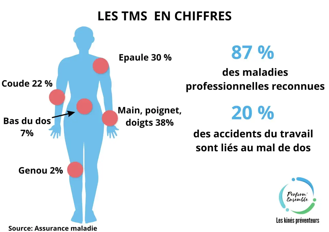 Infographie sur les TMS : 87% des maladies professionnelles reconnues, 20% des accidents du travail liés au mal de dos. Un poste de travail ergonomique en industrie est essentiel.