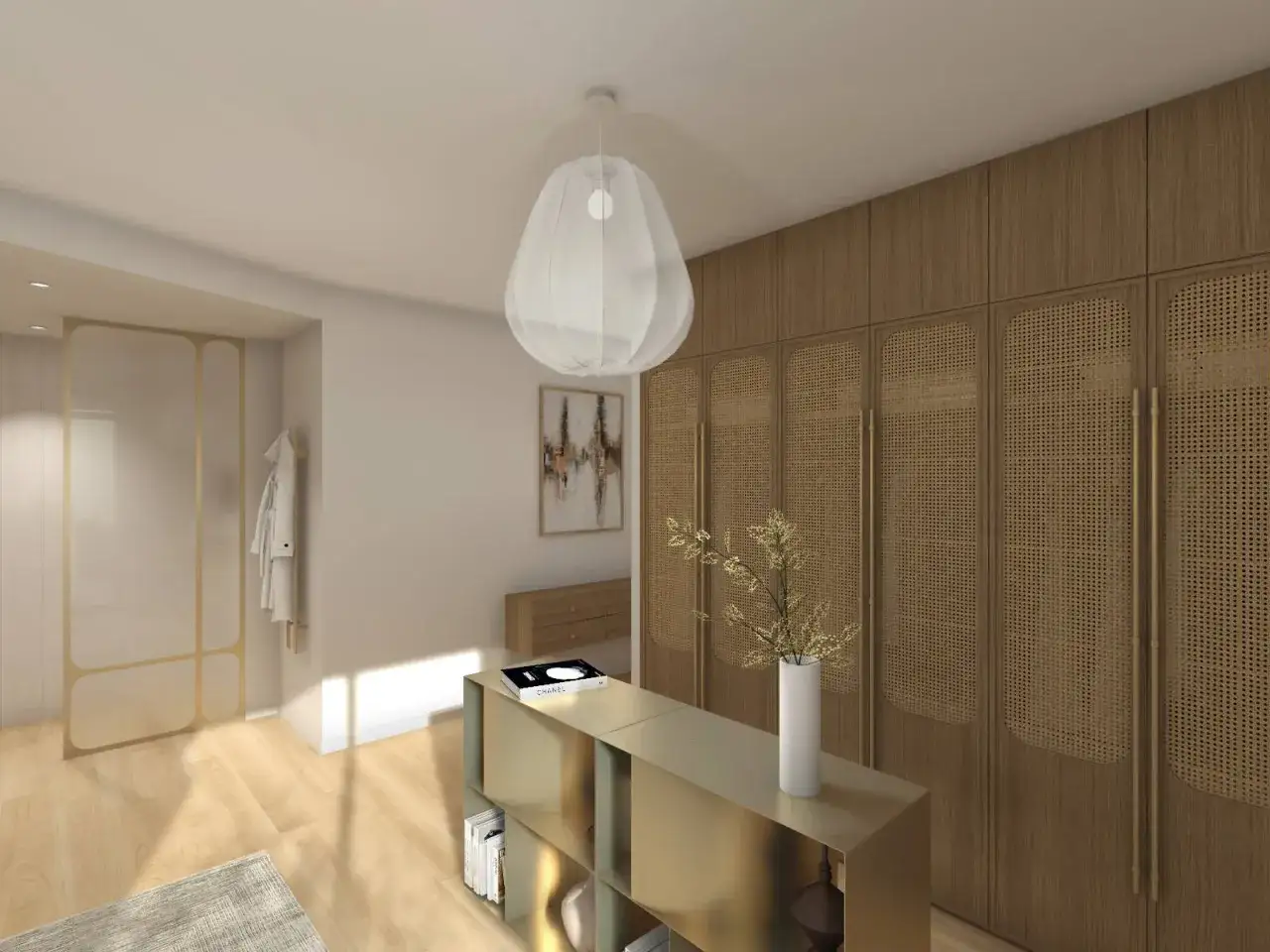 Chambre lumineuse avec armoire en rotin et bois, un meuble dor&eacute;, et une touche de design r&eacute;g&eacute;n&eacute;ratif dans les mat&eacute;riaux naturels.