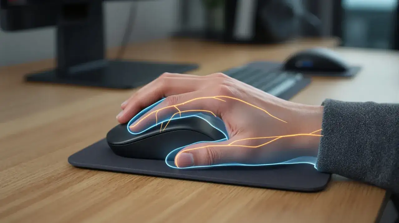 Main souris tenue par une main, avec des lignes lumineuses bleues et oranges simulant des flux d'énergie ou des connexions.
