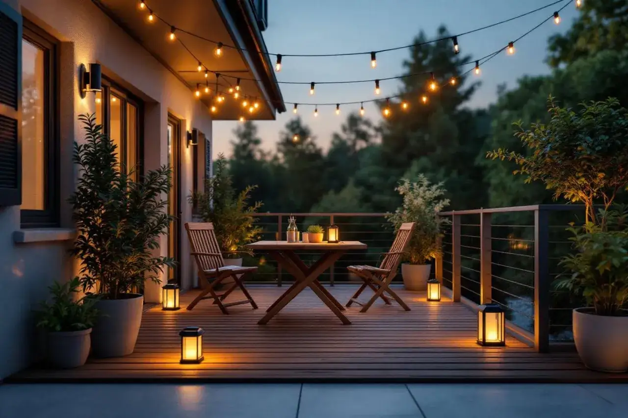 Une terrasse en bois avec table et chaises, &eacute;clair&eacute;e par des guirlandes lumineuses et des lanternes. Une belle id&eacute;e am&eacute;nagement terrasse pour des soir&eacute;es conviviales.