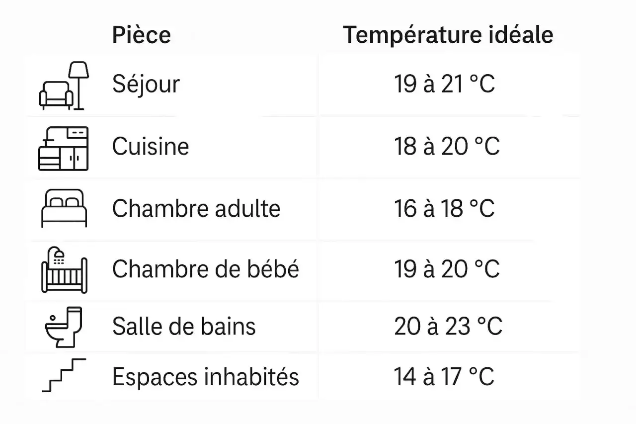 Tableau des températures idéales par pièce : séjour (19-21°C), cuisine (18-20°C), chambre adulte (16-18°C), chambre bébé (19-20°C), salle de bains (20-23°C), espaces inhabités (14-17°C).