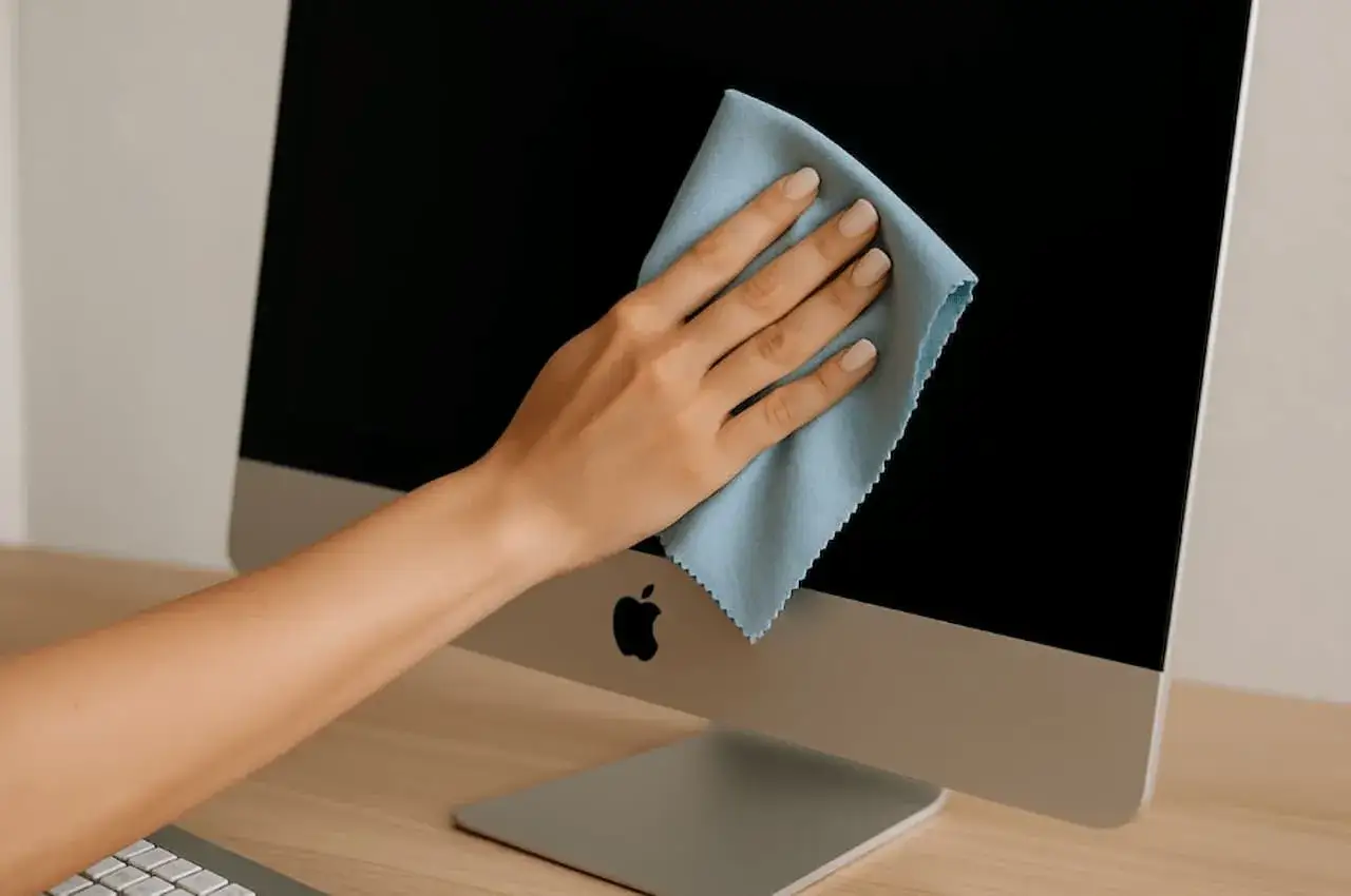 Main tenant, une main délicate utilise un chiffon bleu pour nettoyer l'écran d'un ordinateur, assurant une vue parfaite.