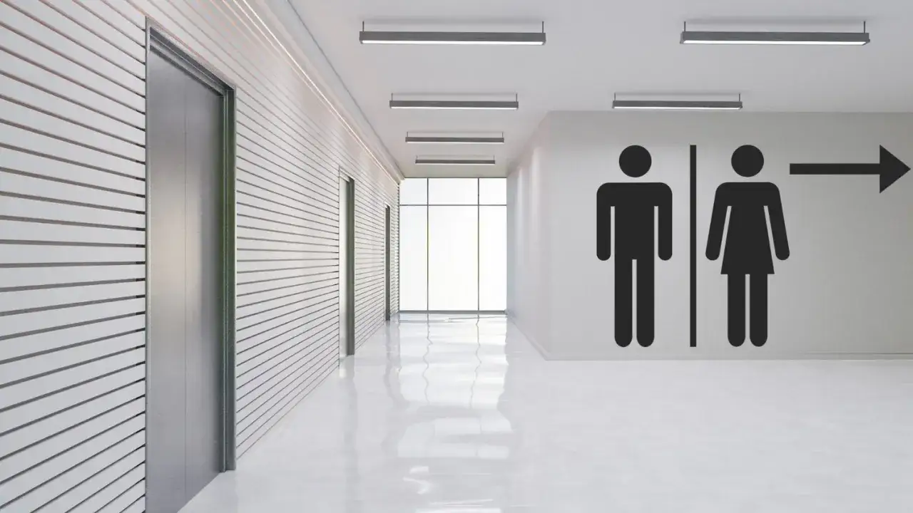 Couloir moderne avec ascenseur et signalisation des toilettes. Un petit pause toilette s'impose, conform&eacute;ment au code du travail.