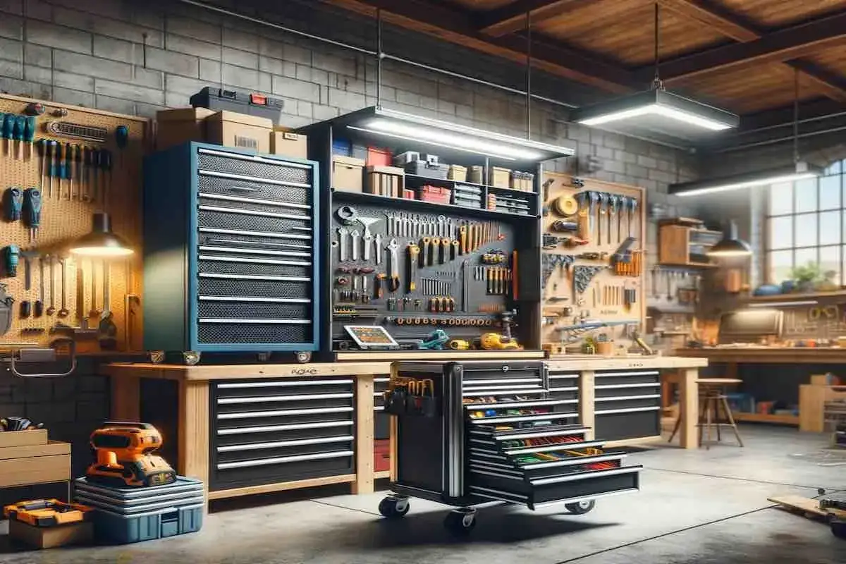 Un atelier bien organisé avec des tiroirs à outils, des panneaux perforés remplis d'outils et un éclairage optimal. L'aménagement d'atelier parfait pour tout bricoleur.