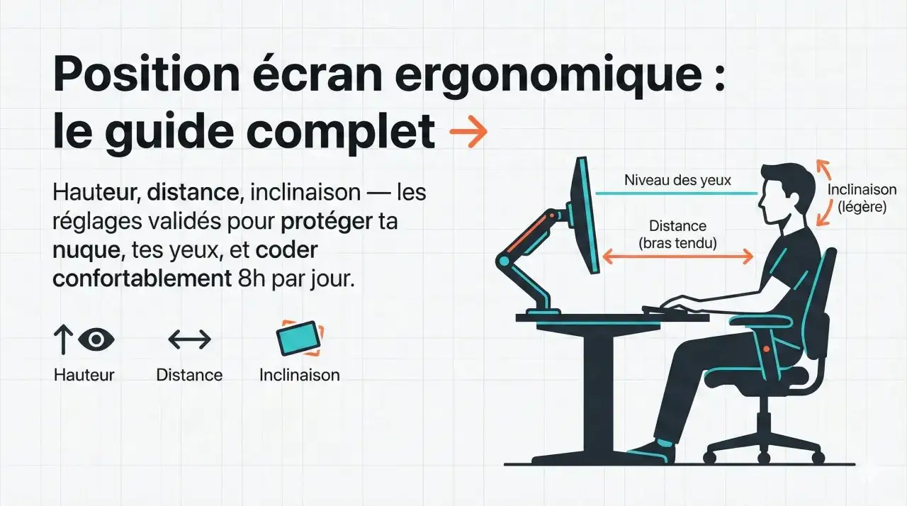 Guide pour la hauteur écran pc, distance et inclinaison. Illustration d'une personne assise à un bureau, avec des flèches indiquant les réglages ergonomiques.