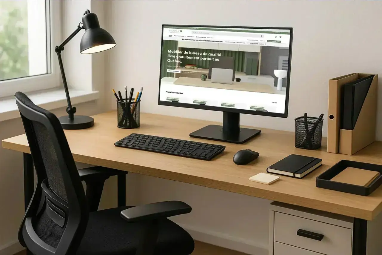 Bureau moderne avec chaise ergonomique, écran d'ordinateur affichant un site de mobilier, et accessoires pour un confort au bureau optimal.