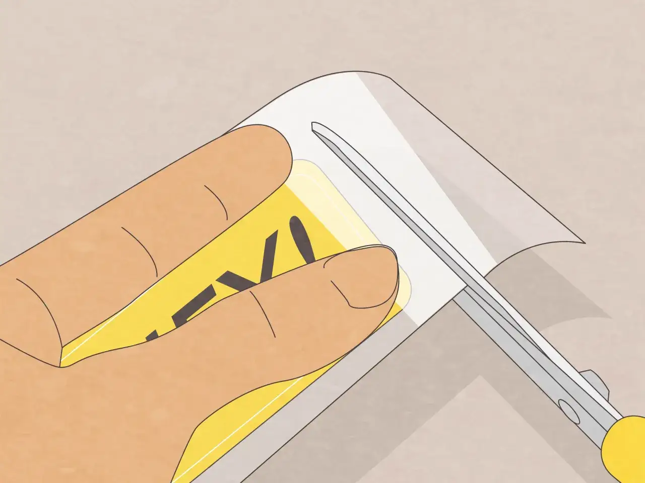 Main tenant une carte jaune, coupe une feuille transparente pour plastifier sans plastifieuse.