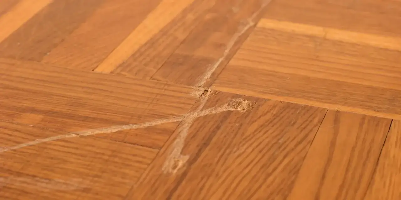 Gros plan sur un parquet en stratifi&eacute; ab&icirc;m&eacute;, montrant des rayures et des &eacute;clats. Id&eacute;al pour illustrer comment enlever rayure meuble stratifi&eacute;.