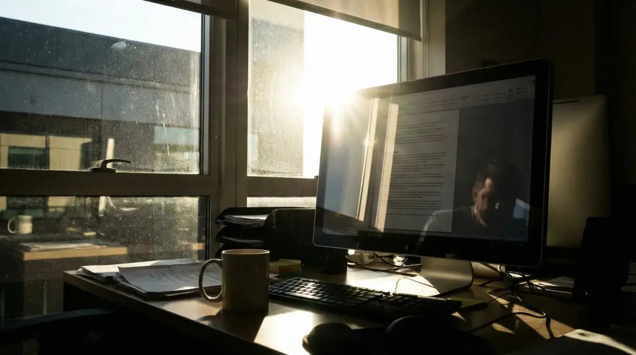 Bureau baigné de soleil, idéal pour savoir comment orienter son bureau. L'écran reflète un visage pensif.