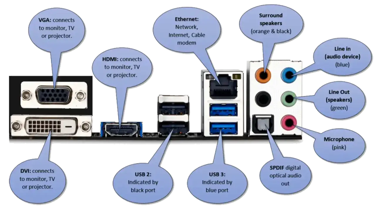 Vue arrière d'une carte mère montrant divers ports : VGA, HDMI, DVI, Ethernet, USB 2/3, audio et SPDIF. Chaque connecteur informatique est étiqueté.