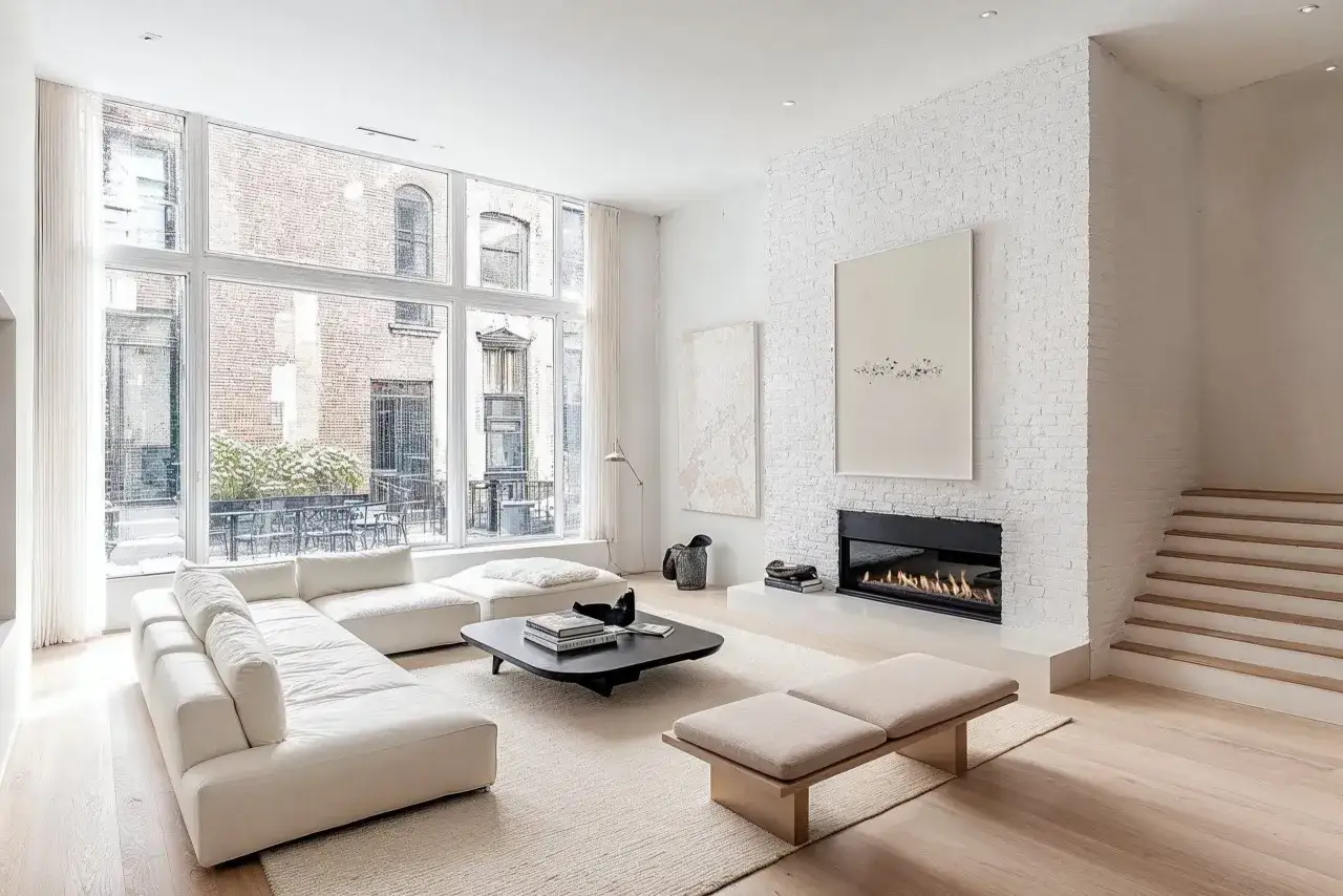 Salon lumineux au design scandinave, avec canap&eacute; blanc, chemin&eacute;e moderne et grandes fen&ecirc;tres offrant une vue sur la brique.