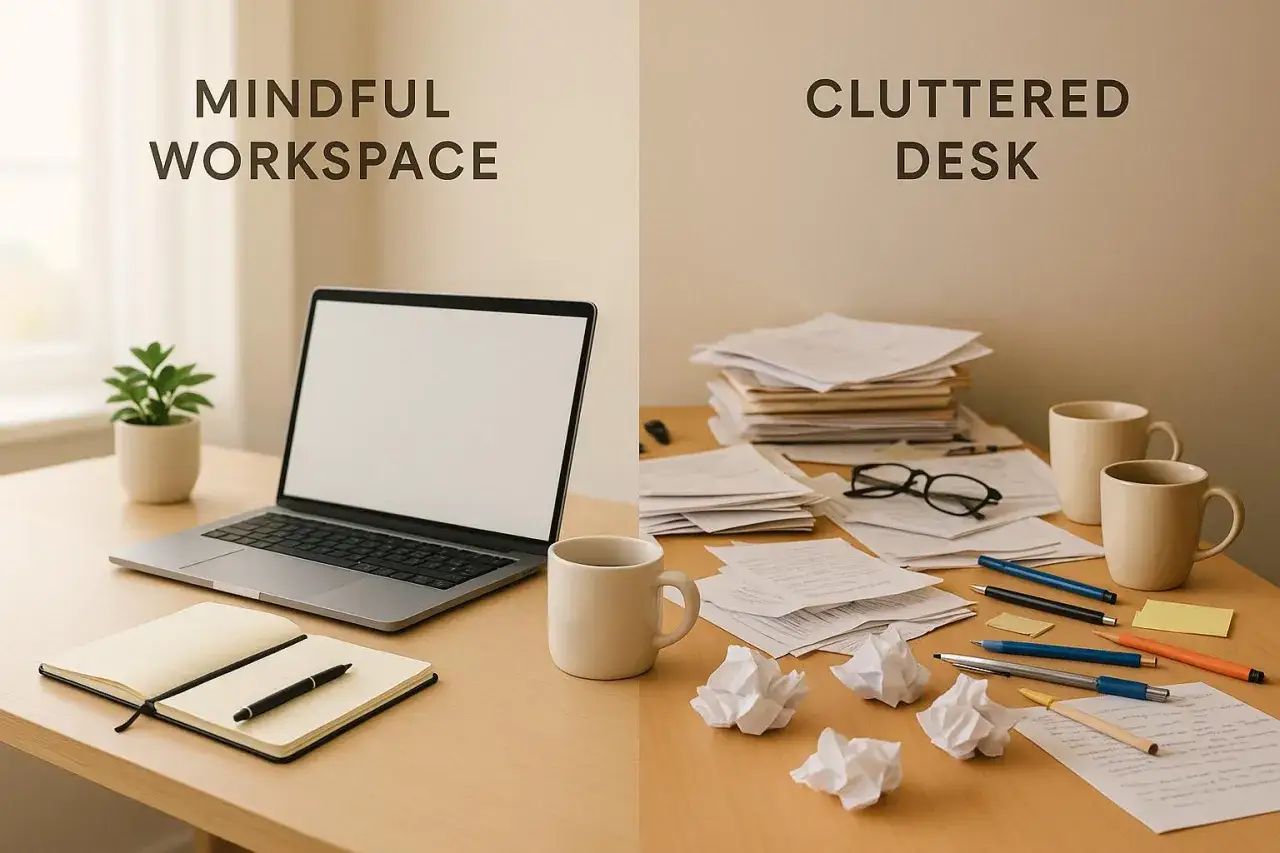 Bureau rangé vs. bureau encombré. Un espace de travail minimaliste avec un ordinateur portable et un carnet, contrastant avec une pile de papiers, des tasses et des stylos. Il est temps de ranger son bureau !