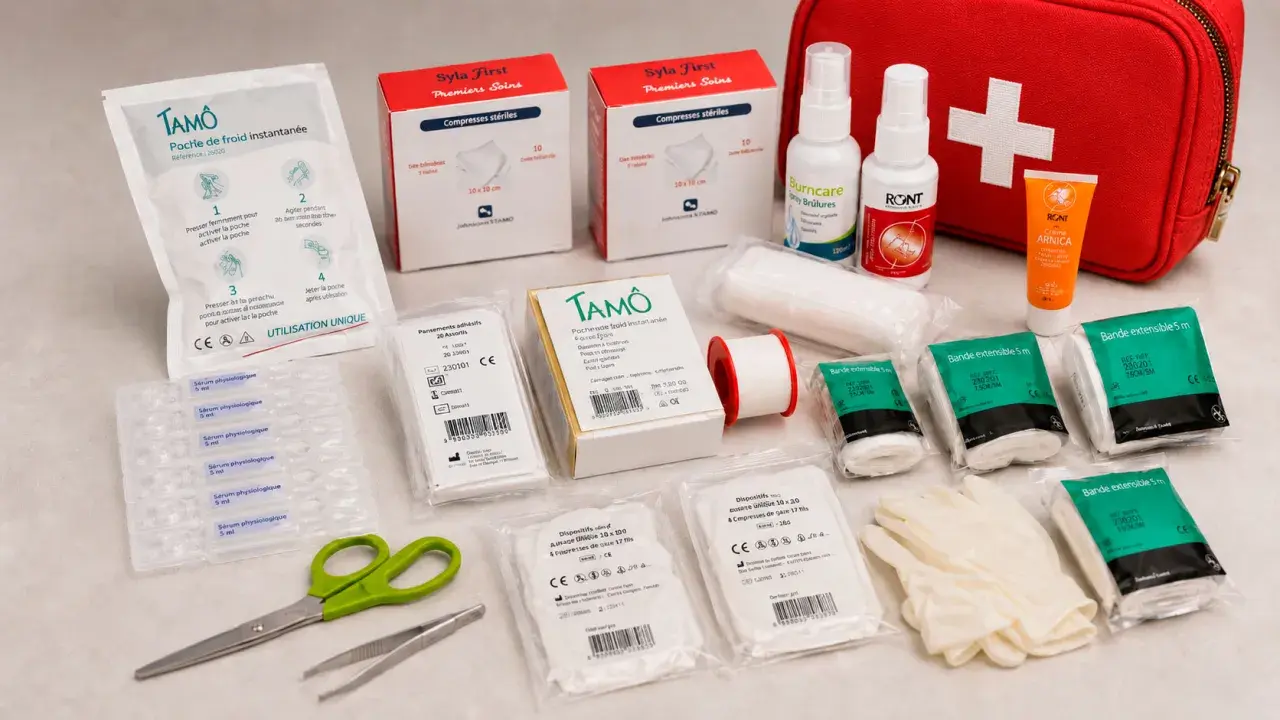Trousse de secours entreprise : compresses, sérum physiologique, pansements, bande, spray brûlures, crème arnica, ciseaux, pince à épiler.