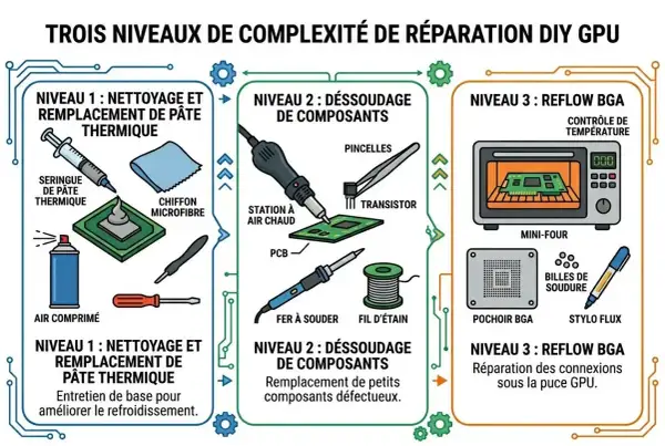 Schéma illustrant trois niveaux de réparation de GPU : nettoyage pâte thermique, dessoudage composants, et reflow BGA. Une partie d'un ordinateur portable est montrée.