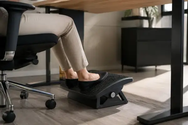 Pieds sur un repose-pieds sous un bureau trop haut. La personne est assise sur une chaise de bureau, portant des chaussures plates noires et un pantalon beige.