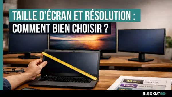 Mesure d'un écran d'ordinateur portable avec un mètre ruban. Guide pour comment choisir un écran d'ordinateur, avec des résolutions affichées.