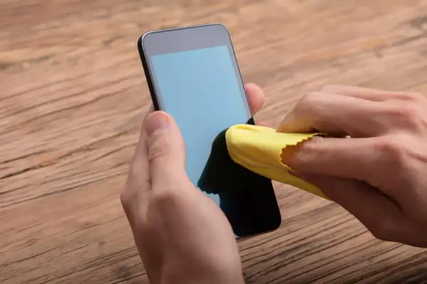 Main gauche tenant un téléphone, main droite utilisant un chiffon jaune pour nettoyer l'écran. Un geste simple pour nettoyer l'écran de votre téléphone.