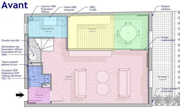 Plan bureau administratif : vue avant d'un appartement avec buanderie, cuisine, salon, WC, entrée et terrasse.