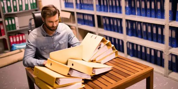 Un homme examine des dossiers jaunes sur une table en bois, entouré d'étagères remplies de classeurs bleus. Il est en train de numérisation de documents.