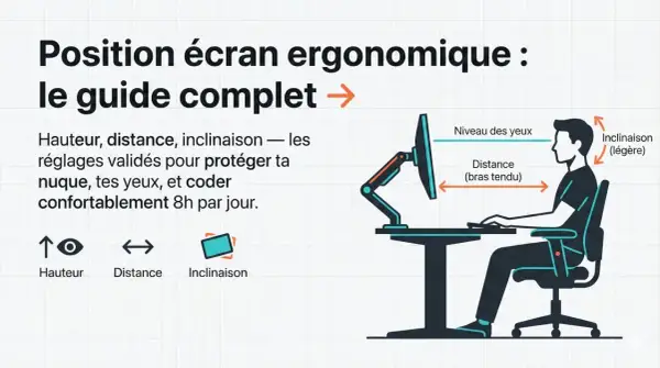 Guide pour la hauteur écran pc, distance et inclinaison. Illustration d'une personne assise à un bureau, avec des flèches indiquant les réglages ergonomiques.