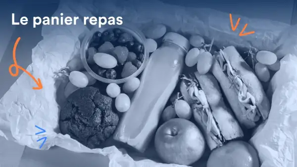 Un panier repas pour un repas d'entreprise obligatoire : sandwichs, fruits, cookie et boisson.