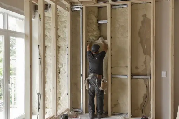 Un ouvrier installe l'isolant dans une structure de mur en bois, créant une salle insonorisée.