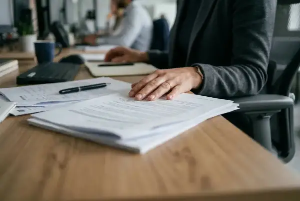 Main tenant sur des documents, une femme attend une réponse. Mon employeur refuse mon aménagement de poste, une situation stressante.