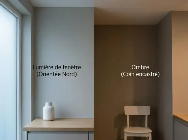 Un coin de pièce baigné de lumière douce, contrastant avec une zone d'ombre. L'ambiance est dominée par des couleurs neutres chaudes, évoquant le calme.