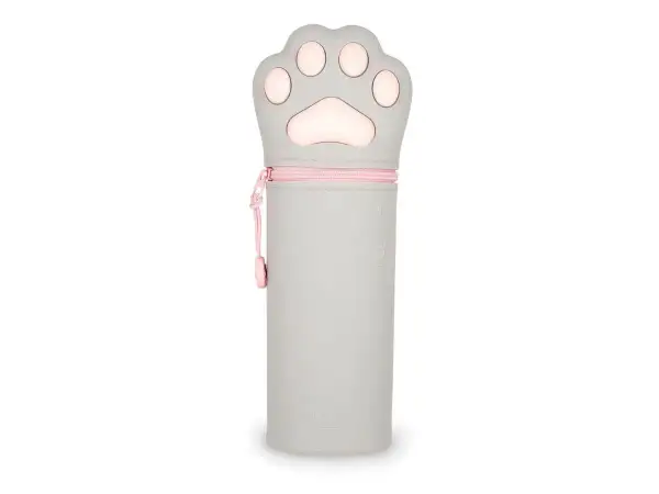 Trousse silicone Legami en forme de patte de chat grise avec fermeture éclair rose.