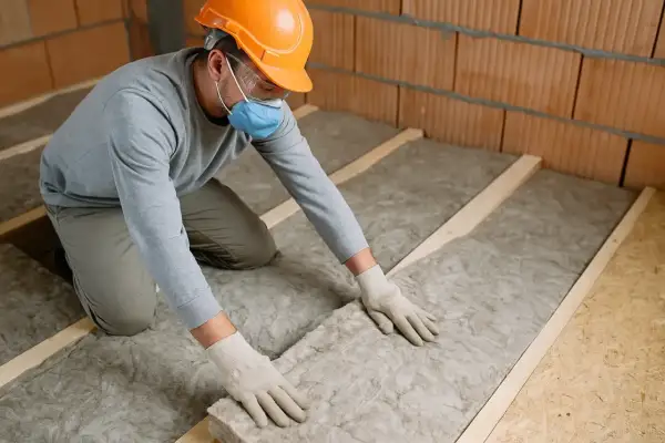 Un ouvrier installe un revêtement de sol isolant thermique, protégeant ainsi la maison du froid.