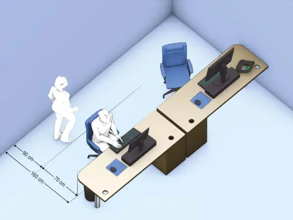 Vue d'un bureau avec un poste écran ordinateur et une fenêtre. Des mesures de distance sont indiquées.