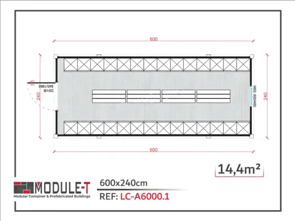 Plan vestiaire 600x240cm, 14,4m². Vue de dessus d'un module préfabriqué avec des rangées de bancs.