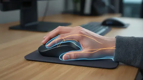 Main souris tenue par une main, avec des lignes lumineuses bleues et oranges simulant les nerfs ou les flux d'énergie.