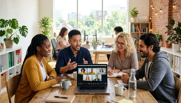 Une équipe diverse participe à une réunion en présentiel, avec des collègues connectés en visioconférence sur un écran d'ordinateur.