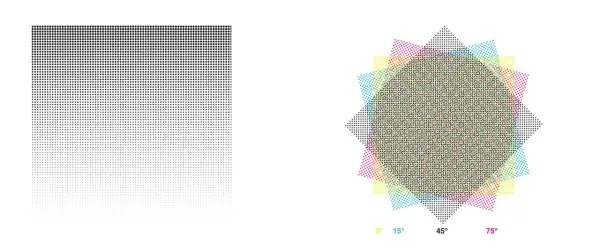 Motifs de points noirs dégradés et étoiles colorées montrant des angles d'impression pour la taille papier imprimante.