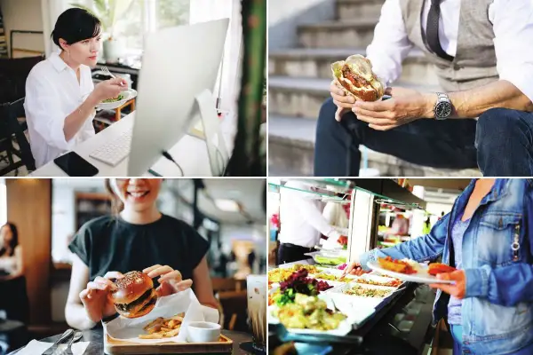 Pause déjeuner obligatoire : une femme mange devant son ordinateur, un homme savoure un burger, une jeune femme tient un burger, et une personne choisit des plats à la cafétéria.